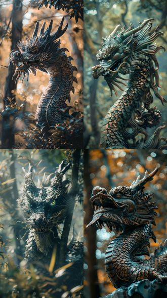 中国龙龙头特写，三分法布局，茂密树林中，冷色调，长焦镜头，逆光，抬头向上，威严，逼真。