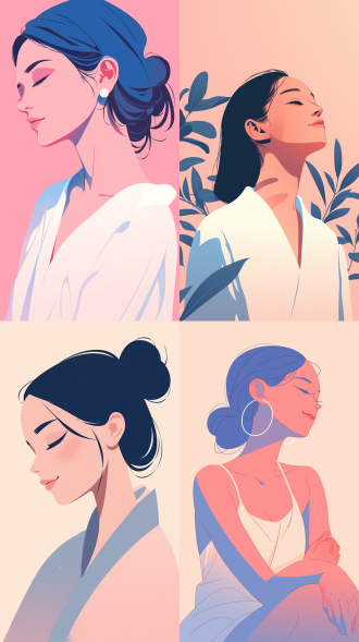 东方女性，扁平插画风，居中构图，简约背景，粉蓝配色，正面微笑，优雅站姿，矢量图形，柔和光线，宁静氛围。