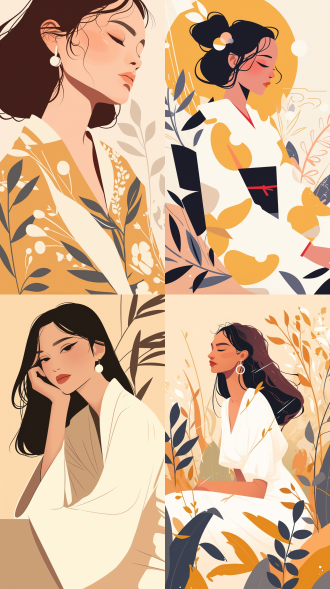 东方漂亮女性，扁平插画，居中构图，柔和色彩，梦幻环境，矢量图形，优雅姿态，宁静表情，暖光。