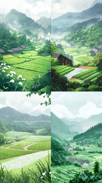 清明时节雨纷纷，庄稼地绿油油一片生机，有特写，有远近虚实，插画风格