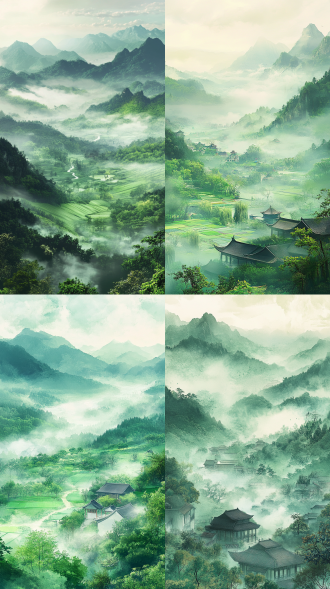 清明时节，濛濛细雨，春和景明，远处有山有雾有云，近处有庄稼地有垂柳，有特写，有远近虚实，插画风格，绿色色彩鲜艳