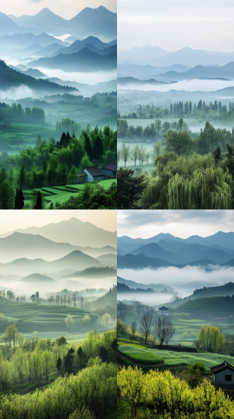 清明时节，濛濛细雨，春和景明，远处有山有雾有云，近处有庄稼地有垂柳，有特写，有远近虚实，中国画风格，绿色色彩鲜艳