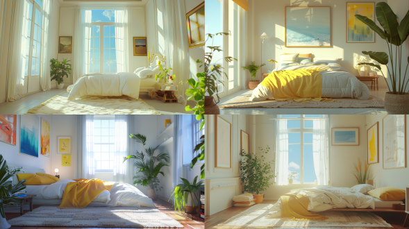indoor warm-toned scene, symmetrical layout, sunlight on the floor, blue sky outside the window, paintings on white walls, green plants in the corner, carpet on the floor, telephoto lens, side backlight, cozy. bedroom, white and yellow, natural lighting