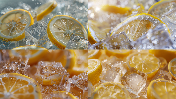 晶莹冰块与切开的柠檬片，水珠点缀，极简风格，自然光，近景，4k超清，清晰细节，冷色调，清新感，静物摄影，微距镜头，高光，低饱和，清新，自然，宁静。 oc渲染器 干净背景 流体 冰 冰冷 柠檬黄 黄金比例构图