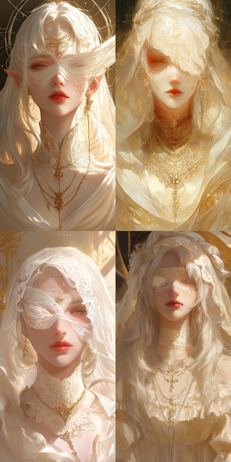 the central figure is a fair-skinned young woman whose face is partially obscured by a white veil. she has long white hair that falls to her shoulders and full lips painted a striking red. her eyes are covered by a delicate white eye mask, adding a touch of mystery. she wears an exquisitely ornate choker and multiple necklaces, all embellished with delicate, sparkling details. her costume is a sheer, white, off-the-shoulder dress with a lace-like pattern, and the fabric appears translucent, allowing a glimpse of her shoulders. the background is softly diffused with gold and white accents, creating a dreamy, almost heavenly atmosphere. the overall texture is smooth and polished, with a slight sheen that enhances the ethereal quality. the image is rich in detail, evoking a sense of exquisite beauty and mystery.