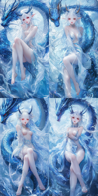 qingshu,high-quality,detailed photograph,hd,8k,4k,sharp,highly detailed,qingshu,a girl,full body,dressed with dragon scales adhering to the skin,ethereal with long,flowing blue hair,adorned with horn-like extensions. her piercing red eyes and delicate,fair skin contrast beautifully against the icy blue background. there is a domineering and mighty blue dragon behind,which looks very matching with the girl. white long legs,barefoot.,