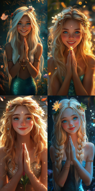 粉发蓝眼带发饰雀斑美人鱼女孩微笑对视，双手合十，着铅笔裙持花，对角线构图，暖光，梦幻风，8k超高画质。