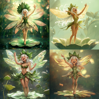 白发绿眼可爱仙女戴荷叶帽站莲篷上，开心大笑举手，数字艺术毛刺效果，多图层写实，软线条，全息渐变背景，16:9，暖光。