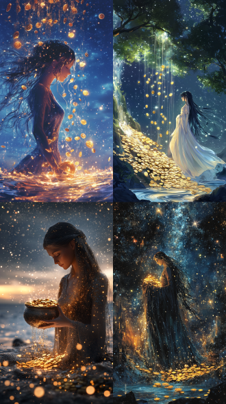在一片宁静而神秘的夜空下，繁星点点，银河如一条璀璨的丝带横贯天际。星光洒在大地上，为这片静谧的世界披上了一层银色的轻纱。在这片星空下，一位女神轻轻漫步，她的身影在星光的映照下显得格外神圣而美丽。 女神的长发如瀑布般披散在肩头，眼中闪烁着星辰般的光芒。她身着一袭轻纱长裙，裙摆上缀满了细碎的水晶，在星光下熠熠生辉。她的肌肤白皙如雪，透出一种不食人间烟火的纯净之美。 在女神的手中，捧着一个精美的陶土罐子。这个罐子由古老的陶土制成，表面刻满了神秘的符文，仿佛蕴含着无尽的力量。罐子的口部微微敞开，里面装满了闪闪发光的金币。这些金币在星光的照耀下，闪烁着金色的光芒，宛如一个个小太阳。 女神轻轻举起陶土罐子，放在肩膀上，缓缓倾斜。金币从罐子中倾泻而出，如同金色的瀑布，洒落在大地上。每一枚金币都闪烁着耀眼的光芒，仿佛是星辰的碎片，落入凡间。金币落在地上，发出清脆的声响，仿佛是天籁之音，回荡在这片宁静的夜空下。 随着金币的倾泻，水元素也开始在女神的周围汇聚。清澈的水流从天而降，与金币交织在一起，形成了一幅美丽的画面。水流在星光的映照下，闪烁着银色的光芒，与金色的金币相互辉映，如同梦幻中的景象。 女神站在星空下，陶土罐子中的金币与水元素的水流交织在一起，构成了一幅神秘而美丽的画面。金币的金色与水流的银色相互交织，仿佛是天地间的精华汇聚于此。女神的脸上露出一丝微笑，仿佛在祝福着这片大地，愿它永远充满希望与繁荣。 在这个宁静的夜晚，星空、金币、水元素与女神共同构成了一幅永恒的画面，让人不禁为之陶醉。这不仅是一幅美丽的画面，更是大自然与神性力量的完美融合，象征着希望、繁荣与和谐。
