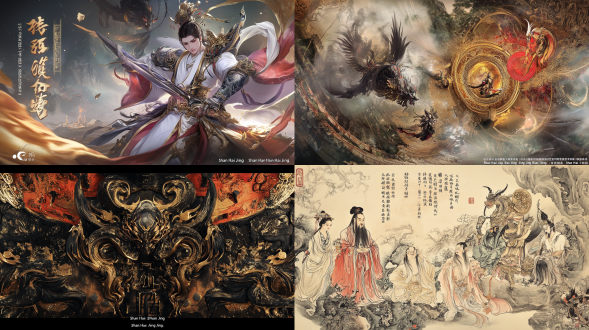 ”山海经”3个字在中间, 构图：可以将烛九阴置于中心，其他山海经元素环绕周围，以表现其重要性和影响力。 色彩：使用中国传统色彩，如墨黑、朱红、金黄等，以传达出古典和神秘的感觉。 风格：将传统国画风格与现代平面设计相结合，创造出独特的视觉效果。 细节：在设计神兽时，注重其特征的刻画，如烛九阴的眼睛， 背景：可以考虑使用山水、云雾等自然元素作为背景，以增强《山海经》的神话色彩。写实摄影风格、奇幻艺术美学、电影灯光、中国怪诞美学、浪漫风景、细线条、虚幻引擎渲染、空灵渲染、仙境背景、自然光，8k，精致的细节，美丽的灯光效果，梦幻引擎。