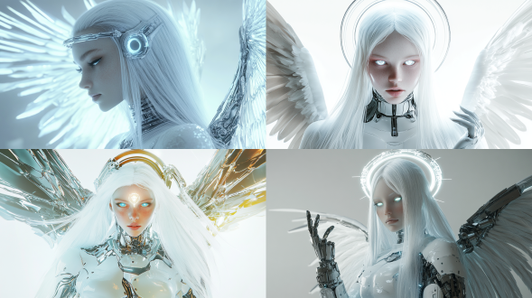 未来世界，赛博朋克，超写实渲染，女性，天使，机械天使，白色长发，正面，未来感，全身，透明般的皮肤，干净无暇的皮肤，oc渲染，陶瓷娃娃，瓷制感，薄荷色系，薄荷色美瞳，头戴机械天使光环，背后发光，圣洁羽翼，精致的机械金属饰品，光辉面容，精致虚拟科技妆容，金属感，嘴唇高光，金属高光面妆，高冷，纯白色干净背景，极简，赛博风，科幻，玻璃质感，超现实主义，神圣感，纯净感，银色金属质感，氛围感，光感，金色系反光光感