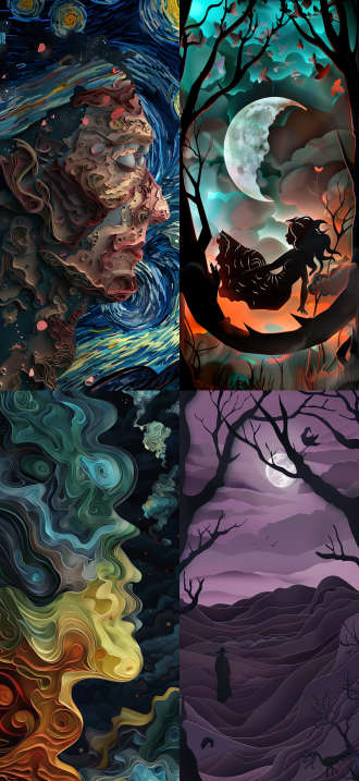 imagine a three-dimensional image that combines the beauty s with the creativity of paper cutouts, inspired by the art of jinzhi and the imagination of van gogh. the image should have multiple layers to achieve an artistic and surreal effect. layer 1 (background). poety, dark colors, sadly, obscure