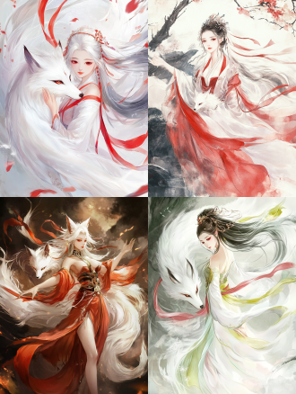 huimeng,nine-tailed fox,su dahuai,ancient mythology,fengshen bang,(the nine-tailed fox transforms into a beauty),nine tails of different colors,curvy,angelic face,(flowing long hair),white hair,((((the phantom of the white fox merges into her body)))),charming smile,enchanting dance,masterpiece,best quality,hanfu,tang-style outfits,touch the head of the white fox with hand