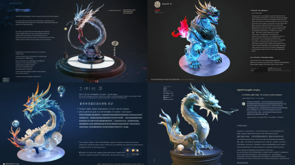 1. core concept: "digital ip of the intangible cultural heritage of colored glaze, q-version zodiac dragon, anthropomorphic shape, three-view technical blueprint, new chinese cyberpunk style, application of the forbidden city's color spectrum (red glaze/colored glaze blue/amber gold), crystal clear and exquisite tower shape structure"2. shape characteristics: "- anthropomorphic design of crystal dragon column, dragon horns adopt the pattern of forbidden city caisson translucent gradient scale armor (dark amber on the spine → moon white on the abdomen), improvement of tang-style round-neck robe hanfu (light tracing cloud pattern dark embroidery + crystal button), flowing light effect dragon whisker (programmable led particle path)"3. material parameters: "- multi-layer glass nesting process (main body: barium crystal glass with a refractive index of 1.62), scales: uv laser coating (anisotropy 0.85/roughness 0.12), clothing: ice glaze treatment (concave and convex intensity 38% + normal details), special effects: suspended gold foil particles in the body (motion blur 0.3s)"4. three-view configuration: "- blue and white porcelain pattern engineering drawing shading, isometric three-view golden ratio layout, front: display cloud shoulder dragon head pattern + dynamic light effect claws, side: highlight s-shaped dragon spine curve + light tracing auspicious cloud ornaments, back: focus on the big dipper scale array + hanfu hem robe layer"5. rendering settings: "- circular forbidden city palace lantern lighting (main light 3200k warm light + auxiliary light 6500k cold light), octane two-way ray tracing (refraction depth 12 + diffuse bounce 8), 8k film-level output (8192×4608 srgb color gamut), depth of field control (f/1.2 focusing on the dragon eye glass ball)"6. style enhancement: "- low polygon crystal cluster structure (24-face decomposition at the joint), ink smudge edge light (0.7px navy blue outline), digital dunhuang color card application (cmyk#c76b29, #3a5f7b), add virtual booth (jun kiln glaze reflection)"c4d production points: use sds subdivision surface to shape fluid scales, lattice deformer to create dynamic light effect dragon whiskers, bind three-view synchronization controller (follower tag), create multi-layer nested material group (glass/metal/glaze) glass 武侠 英雄联盟 元神