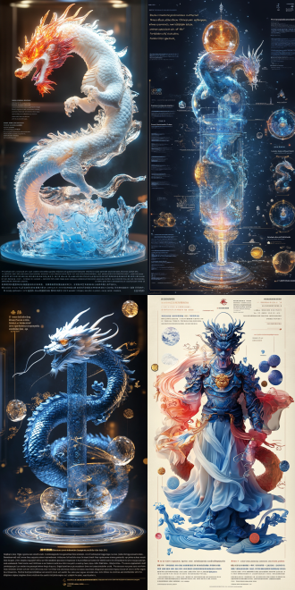 1. core concept: "digital ip of the intangible cultural heritage of colored glaze, q-version zodiac dragon, anthropomorphic shape, three-view technical blueprint, new chinese cyberpunk style, application of the forbidden city's color spectrum (red glaze/colored glaze blue/amber gold), crystal clear and exquisite tower shape structure"2. shape characteristics: "- anthropomorphic design of crystal dragon column, dragon horns adopt the pattern of forbidden city caisson translucent gradient scale armor (dark amber on the spine → moon white on the abdomen), improvement of tang-style round-neck robe hanfu (light tracing cloud pattern dark embroidery + crystal button), flowing light effect dragon whisker (programmable led particle path)"3. material parameters: "- multi-layer glass nesting process (main body: barium crystal glass with a refractive index of 1.62), scales: uv laser coating (anisotropy 0.85/roughness 0.12), clothing: ice split glaze treatment (concave and convex intensity 38% + normal details), special effects: suspended gold foil particles in the body (motion blur 0.3s)"4. three-view configuration: "- blue and white porcelain pattern engineering drawing shading, isometric three-view golden ratio layout, front: display cloud shoulder dragon head pattern + dynamic light effect claws, side: highlight s-shaped dragon spine curve + light tracing auspicious cloud ornaments, back: focus on the big dipper scale array + hanfu hem robe layer"5. rendering settings: "- circular forbidden city palace lantern lighting (main light 3200k warm light + auxiliary light 6500k cold light), octane two-way ray tracing (refraction depth 12 + diffuse bounce 8), 8k film-level output (8192×4608 srgb color gamut), depth of field control (f/1.2 focusing on the dragon eye glass ball)"6. style enhancement: "- low polygon crystal cluster structure (24-face decomposition at the joint), ink smudge edge light (0.7px navy blue outline), digital dunhuang color card application (cmyk#c76b29, #3a5f7b), add virtual booth (jun kiln split glaze reflection)"c4d production points: use sds subdivision surface to shape fluid scales, lattice deformer to create dynamic light effect dragon whiskers, bind three-view synchronization controller (follower tag), create multi-layer nested material group 游戏素材 怪奇物语 中国龙 荷花