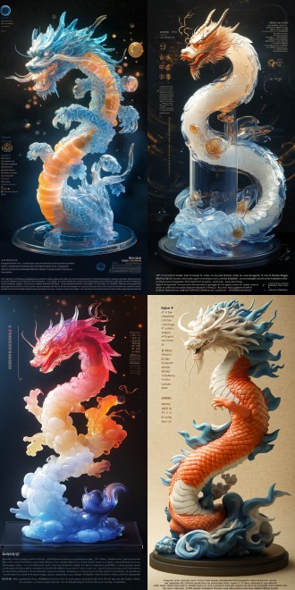 1. core concept: "digital ip of the intangible cultural heritage of colored glaze, q-version zodiac dragon, anthropomorphic shape, three-view technical blueprint, new chinese cyberpunk style, application of the forbidden city's color spectrum (red glaze/colored glaze blue/amber gold), crystal clear and exquisite tower shape structure"2. shape characteristics: "- anthropomorphic design of crystal dragon column, dragon horns adopt the pattern of forbidden city caisson translucent gradient scale armor (dark amber on the spine → moon white on the abdomen), improvement of tang-style round-neck robe hanfu (light tracing cloud pattern dark embroidery + crystal button), flowing light effect dragon whisker (programmable led particle path)"3. material parameters: "- multi-layer glass nesting process (main body: barium crystal glass with a refractive index of 1.62), scales: uv laser coating (anisotropy 0.85/roughness 0.12), clothing: ice split glaze treatment (concave and convex intensity 38% + normal details), special effects: suspended gold foil particles in the body (motion blur 0.3s)"4. three-view configuration: "- blue and white porcelain pattern engineering drawing shading, isometric three-view golden ratio layout, front: display cloud shoulder dragon head pattern + dynamic light effect claws, side: highlight s-shaped dragon spine curve + light tracing auspicious cloud ornaments, back: focus on the big dipper scale array + hanfu hem robe layer"5. rendering settings: "- circular forbidden city palace lantern lighting (main light 3200k warm light + auxiliary light 6500k cold light), octane two-way ray tracing (refraction depth 12 + diffuse bounce 8), 8k film-level output (8192×4608 srgb color gamut), depth of field control (f/1.2 focusing on the dragon eye glass ball)"6. style enhancement: "- low polygon crystal cluster structure (24-face decomposition at the joint), ink smudge edge light (0.7px navy blue outline), digital dunhuang color card application (cmyk#c76b29, #3a5f7b), add virtual booth (jun kiln split glaze reflection)"c4d production points: use sds subdivision surface to shape fluid scales, lattice deformer to create dynamic light effect dragon whiskers, bind three-view synchronization controller (follower tag), create multi-layer nested material group 游戏素材 怪奇物语 中国龙