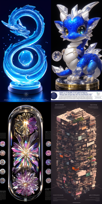 1. core concept: "digital ip of the intangible cultural heritage of colored glaze, q-version zodiac dragon, anthropomorphic shape, three-view technical blueprint, new chinese cyberpunk style, application of the forbidden city's color spectrum (red glaze/colored glaze blue/amber gold), crystal clear and exquisite tower shape structure."2. shape characteristics: "- anthropomorphic design of crystal dragon column, dragon horns adopt the pattern of forbidden city caisson translucent gradient scale armor (dark amber on the spine → moon white on the abdomen), improvement of tang-style round-neck robe hanfu (light tracing cloud pattern dark embroidery + crystal button), flowing light effect dragon whisker (programmable led particle path)."3. material parameters: "- multi-layer glass nesting process (main body: barium crystal glass with a refractive index of 1.62), scales: uv laser coating (anisotropy 0.85/roughness 0.12), clothing: ice split glaze treatment (concave and convex intensity 38% + normal details), special effects: suspended gold foil particles in the body (motion blur 0.3s)."4. three-view configuration: "- blue and white porcelain pattern engineering drawing shading, isometric three-view golden ratio layout, front: display cloud shoulder dragon head pattern + dynamic light effect claws, side: highlight s-shaped dragon spine curve + light tracing auspicious cloud ornaments, back: focus on the big dipper scale array + hanfu hem robe layer."5. rendering settings: "- circular forbidden city palace lantern lighting (main light 3200k warm light + auxiliary light 6500k cold light), octane two-way ray tracing (refraction depth 12 + diffuse bounce 8), 8k film-level output (8192×4608 srgb color gamut), depth of field control (f/1.2 focusing on the dragon eye glass ball)."6. style enhancement: "- low polygon crystal cluster structure (24-face decomposition at the joint), ink smudge edge light (0.7px navy blue outline), digital dunhuang color card application (cmyk#c76b29, #3a5f7b), add virtual booth (jun kiln split glaze reflection)."c4d production points: use sds subdivision surface to shape fluid scales, lattice deformer to create dynamic light effect dragon whiskers, bind three-view synchronization controller (follower tag), create multi-layer nested material group. game material: strange things, chinese dragon.