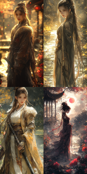 一个女子，高，瘦，粽色头发，单马尾，高马尾，长马尾，空气刘海，眼睛眯成一条缝，evil eyes，皮毛大衣，布鞋，龙泉宝剑，evil grin。庭园，花草树木，池塘。中国风，全身，暖色调，昏黄，长焦，顶光，中景，末日氛围