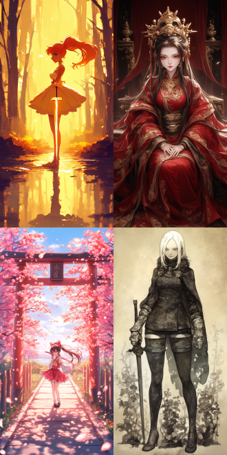 一个女子，高，瘦，粽色头发，单马尾，高马尾，长马尾，空气刘海，眼睛眯成一条缝，evil eyes，皮毛大衣，布鞋，龙泉宝剑，evil grin。庭园，花草树木，池塘。中国风，全身，暖色调，昏黄，长焦，顶光，中景，末日氛围