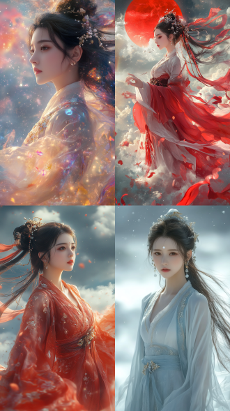 masterpiece), best quality), ultra-detailed), hdr), chinese mythological aesthetic), main setting: (celestial maiden flying through clouds), perfect body proportions), ethereal beauty), divine elegance), clothing details: (traditional hanfu with flowing sleeves), translucent silk ribbons), intricate golden embroidery patterns), pearl accessories), dynamic performance: (dynamic flying posture), ribbons undulating in cosmic winds), flowing hair with stardust particles), scene construction: (heavenly palace in distance), lotus petals falling), rainbow-colored aurora background), glowing moon particles), lighting effects: (soft volumetric lighting), celestial glow from body), iridescent silk refraction), dramatic cloud shadows), art style: (watercolor ink fusion style), ukiyo-e composition principles), surreal fantasy elements), hyper-detailed fabric textures), stormtrooper: (low quality), deformed anatomy), oversaturated colors), modern clothing), western features), flat composition), muddy textures), harsh shadows), cartoonish style), panorama