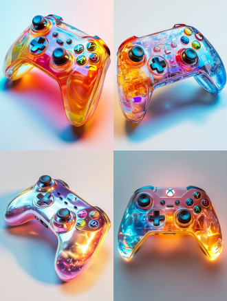 a game controller,holographic,sincere,opre,smooth surface,colorful transparent plastic,designed by dieter rams,high detail,4k,industrial design,white background,solid,profile,sleek glass thickness,studio lighting,4k