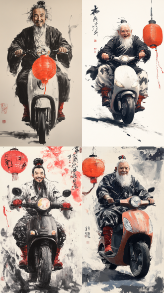 a chinese ink painting, an ancient general riding an electric scooter, wearing black and white pajamas, wearing red boots, holding a red lantern in his hand, and a smiling expression. on a simple background, he has high definition. as a full-body portrait, there is a white space around the head of the character, which has the style of an ancient chinese artist. don't have any words and numbers on the screen.