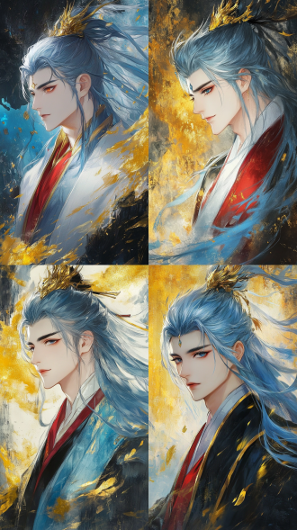 精美敖丙头部特写，手绘插画，金箔岩彩背景，高饱和度，流体笔触，淡彩晕染，朦胧梦幻，广角镜头，侧逆光，艺术古风。