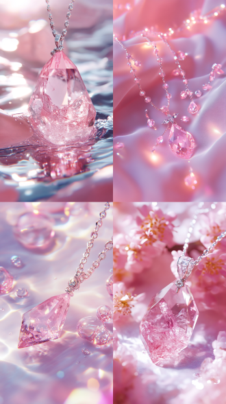 水中粉色水晶项链，居中构图，y2k风，白与粉光线，柔和梦幻色，ins风，高细节，1:1比，250*250像素，逼真照感。