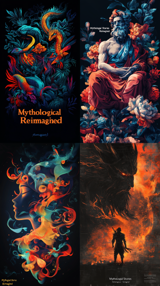 神话故事杂志“神话故事新编”复古宋体，黑背景光奇异，嫦娥宙斯，意境构图，层次版画，炫彩光影，极简风，底部署名。