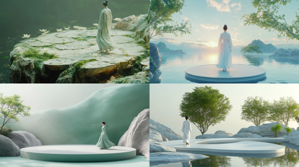 汉服人物在沙质中式圆盘上行走，干净背景留白，地中海景观，宋代工笔风，cinema4d渲染，浅绿白调，柔和光，低饱和，静谧磅礴。