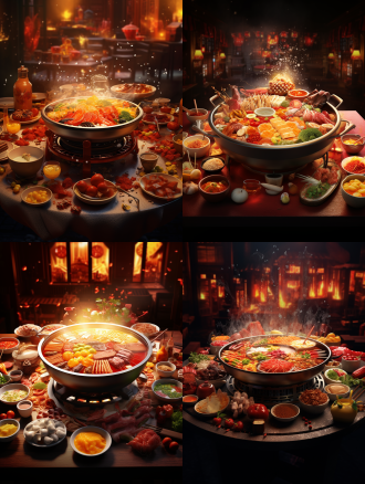 c4d festive atmosphere poster 3d hot pot table in the middle of the picture central composition, hot pot restaurant color, hot pot ingredients, beautiful picture, overall red and yellow atmosphere, new year atmosphere, 8k, beautiful picture,hd