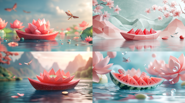 "低多边形3d小暑海报，钻石切割质感的蓝色河流，三角面构成的西瓜船漂浮水面，晶透汽水瓶折射彩虹光效，多边形荷花阵列绽放，金属质感蜻蜓点缀，冷调背景与暖色元素形成温度对比，c4d渲染风格"，光影强化："丁达尔效应光柱/水面粼光/果冻质感投影" 细节提升："西瓜籽立体雕刻/荷花脉络显微视角/汽水气泡运动轨迹"，文化融合："节气三候文字云/古法竹编果篮/铜钱纹水波纹"，动态元素："蜻蜓点水涟漪/飘落的荷花瓣/船头晃动的风铃"