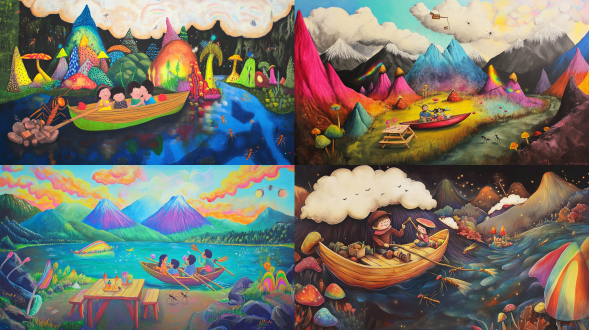 童趣蜡笔插画，胖云朵高山拥抱，家人划坚果船，野餐桌长彩虹蘑菇，蚂蚁搬碎屑，萤火虫成箭头，丙烯厚涂，暖色调，全景，顶光。