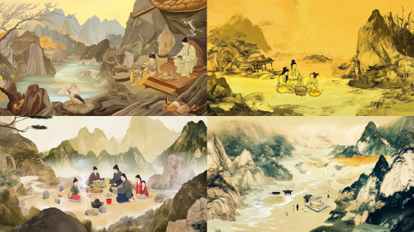 数字岩彩长卷，千里春江，家人着汉装户外野炊，宋代山水技法绘山峦，螺钿嵌器具，ar徒步图，横幅构图，暖黄调，鸟瞰视角。