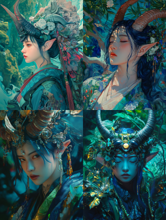 james jean soft light 4 k, discord pfp, large horns, vivid saturation, made of water, evocation, onmyoji portrait, 2 0 1 9 anime, juxtapoz aesthetic, green and blue and warm theme, female troll shaman, hyperrealistic aesthetic, anime screenshot, anime hi-fructose, a beautiful fantasy empress