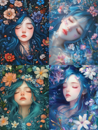 https://cdn.midjourny.cn/favorites/tmb/attachment/draw/thumbnail/18501984/20250305/1897219694889275392.png?auth_key=1741178339-f6be6d2a784a48d5bb9f25ffab790204-0-9933c294f61b45293006ea158866fa59 中国仙女蓝发闭眼梦幻表情，花海环绕，对角线构图，奇幻超现实风格