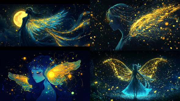 angel, open your eyes, wings made up of stars, inspired by yuumeis light blue and yellow illustration style, with the night sky as the background. the background is dark black, accompanied by high-definition illustrations and a close-up shot of her entire body. she gently embraced the glowing moon. her hair sparkled like fireflies under the neon lights, creating a magical atmosphere.