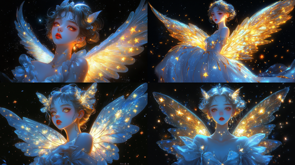 angel, open your eyes, wings made up of stars, inspired by yuumeis light blue and yellow illustration style, with the night sky as the background. the background is dark black, accompanied by high-definition illustrations and a close-up shot of her entire body. she gently embraced the glowing moon. her hair sparkled like fireflies under the neon lights, creating a magical atmosphere.
