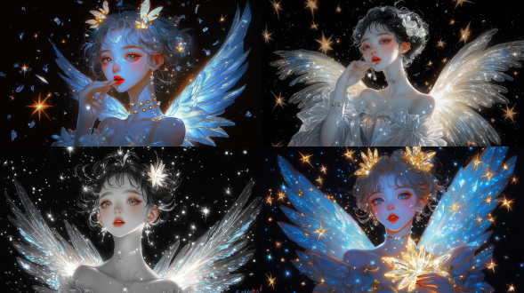 天使小姐， 傻笑，舌尖微露，翅膀故意歪斜，发梢绑着小铃铛，背景是破碎的星星碎片