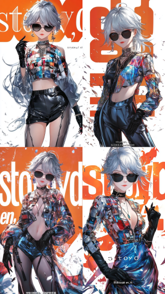 银灰短发女性戴黑墨镜，着拼接上衣与不对称裙，配项链手套，橙白背景有“stoyd en”，中景，时尚酷炫，侧光，高饱和。