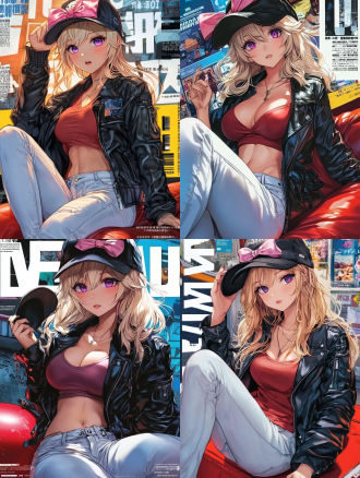 金发动漫女性lyney，紫眸，黑礼帽配粉蝴蝶结，皮衣红t白裤皮鞋，单手持帽坐红物，杂志文字背景，潮流酷炫，中景，侧光。