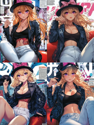 金发动漫女性角色（lyney），紫色眼眸，黑色高顶礼帽配粉色蝴蝶结，黑色皮夹克，内搭带红色图案黑色 t 恤，白色休闲长裤，黑色皮鞋，单手持帽姿势，坐在红色物体上，背景有杂志风文字，潮流酷炫风格，中景。