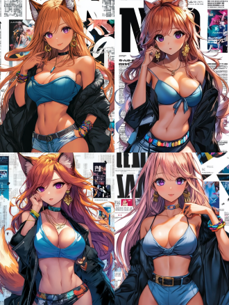 粉色渐变长发，，3d原画，狐狸少女，八重神子，紫色眼眸，戴金色耳饰，浅蓝色挂脖连衣裙，腰间系带，裙摆有蓝白条纹装饰，黑色带毛绒内衬外套搭在肩上，手腕处多个彩色手环，单手托腮姿势，背景有杂志风文字，时尚甜美风格，中景。 元神