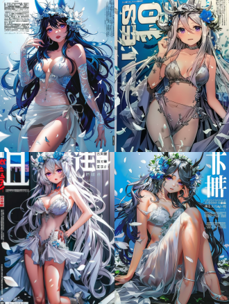 3d原画，蓝白色渐变长发，紫色眼眸，头戴花朵与角状装饰，银色镭射质感露肤连衣裙，透明长袖，裙摆开叉，蓝色宝石装饰，银色高跟鞋，带有杂志文字的平面上，周围散落白色花瓣，时尚华丽风格，高质量，中景。 元神