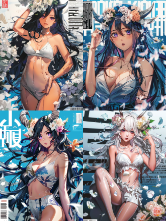 3d原画，蓝白渐变长发紫眸少女，戴花与角饰，着镭射露肤裙，站杂志文字平面，散落白花，全景，时尚华丽，高质量。 元神