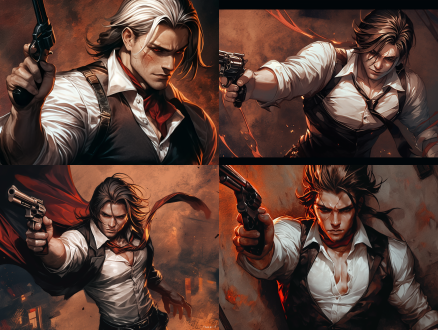 手拿黑色金丝纹路左轮，抬手对自己头一枪，在书房，穿西装，高冷帅气男人，