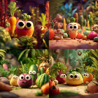 3d卡通蔬菜人物上课，大眼睛萌萌表情随机，卡通菜园背景，泡泡玛特风，亮丽配色，居中构图，8k画质，暖光。