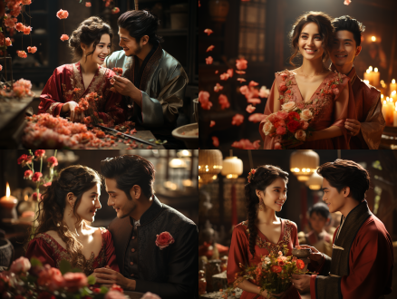 中式红传统婚礼场景，对角线构图，红绸金喜字灯笼背景，新人甜笑，新娘持扇新郎戴花，桃瓣飘，暖光，8k高清，王家卫质感，柔光滤镜