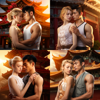 中国英俊短发男孩穿背心肌肉发达搂金发穿牛仔裤旗袍女孩，寺庙前，三分线构图，上帝光，8k高清，张艺谋质感全景。