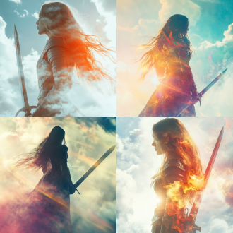 优雅女人背剑，长发装甲踩白云，目光平静，航拍，双重曝光，高反差，胶片质感，七彩阳光散射，神秘阳光。